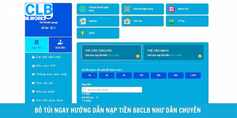 Bỏ túi ngay hướng dẫn nạp tiền 88CLB như dân chuyên